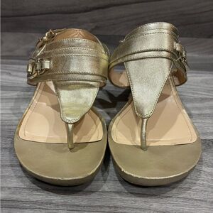 Alex Marie Gold Metallic Wedge Sandals Size 8.5M | Leather Upper Cork Heel